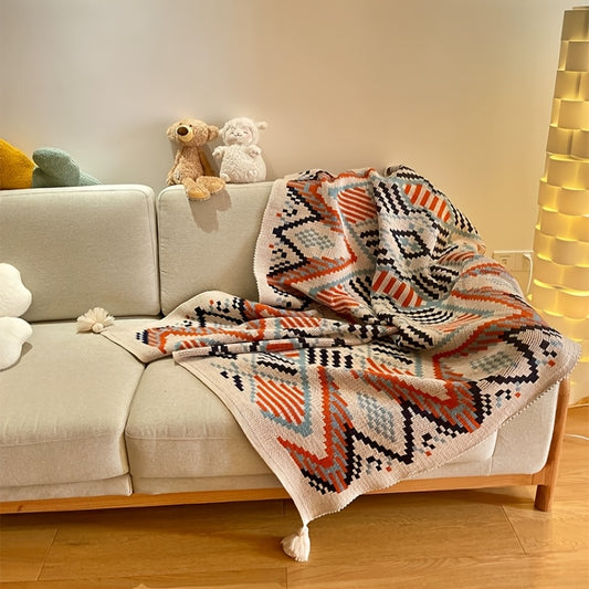 Boho Geometric Throw Blanket with Tassels