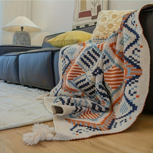 Boho Geometric Throw Blanket with Tassels